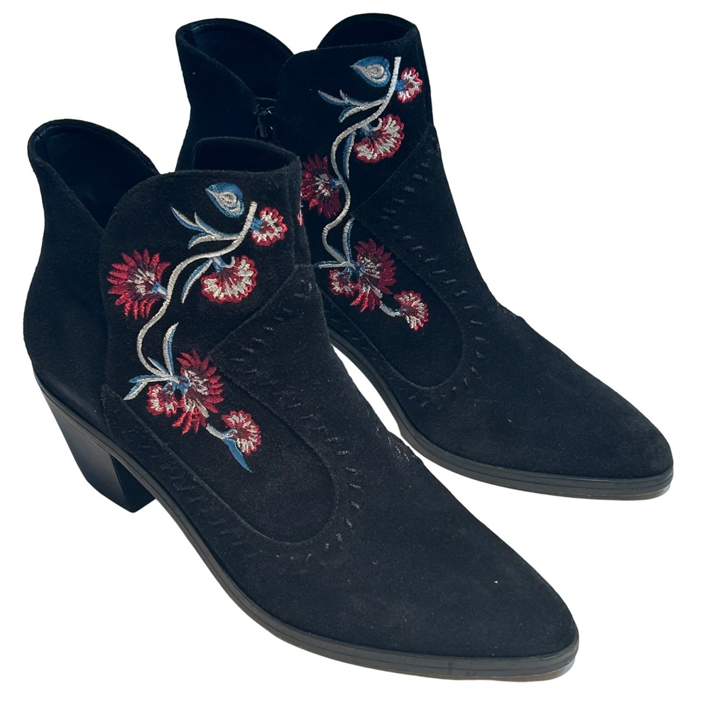 Rebecca Minkoff Black Suede Floral Embroidered Western Ankle Boots Size 9